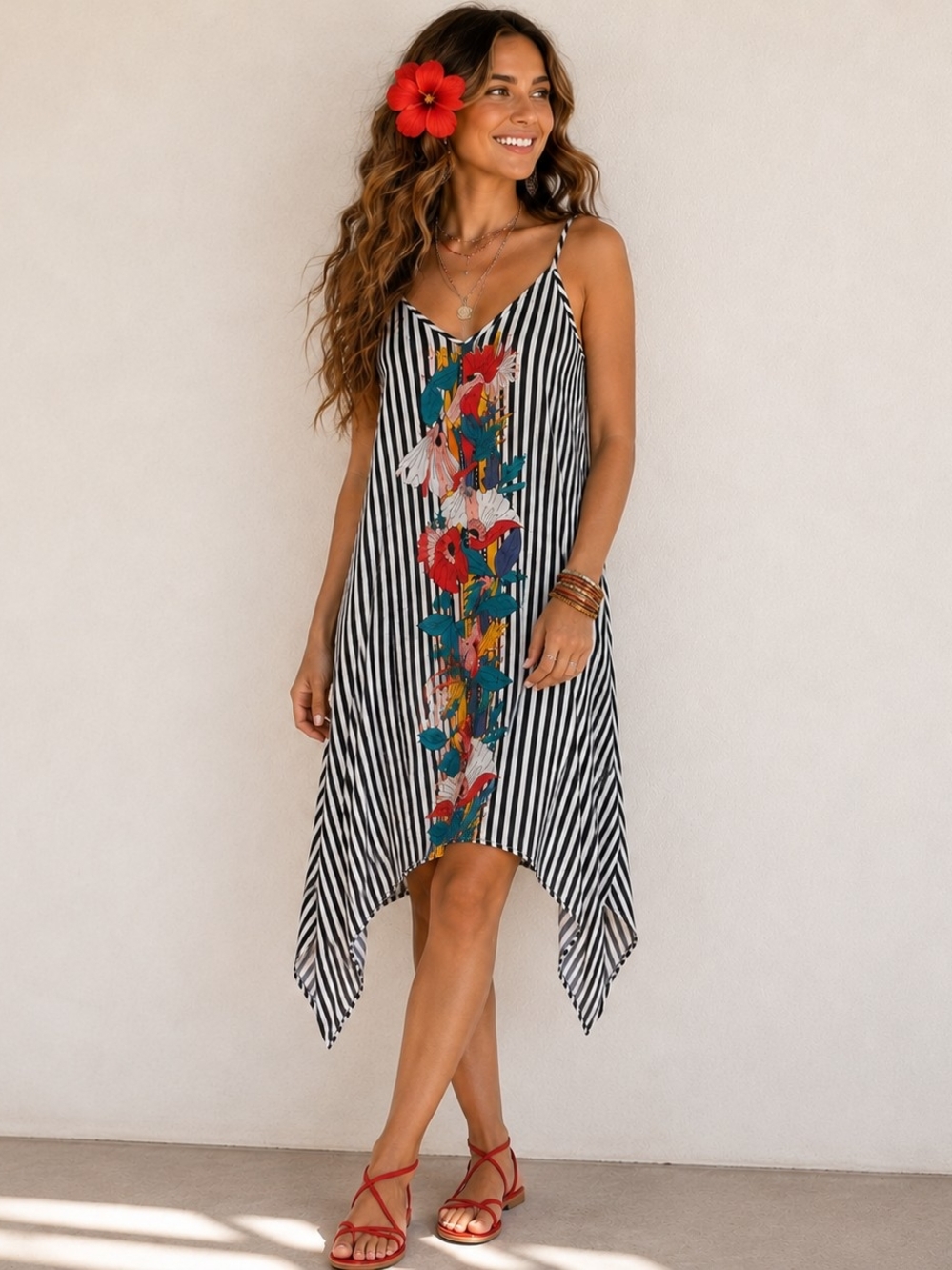 Papaya Black & White Striped Maxi Dress with Multicolor Floral Panel UK 14 US 10